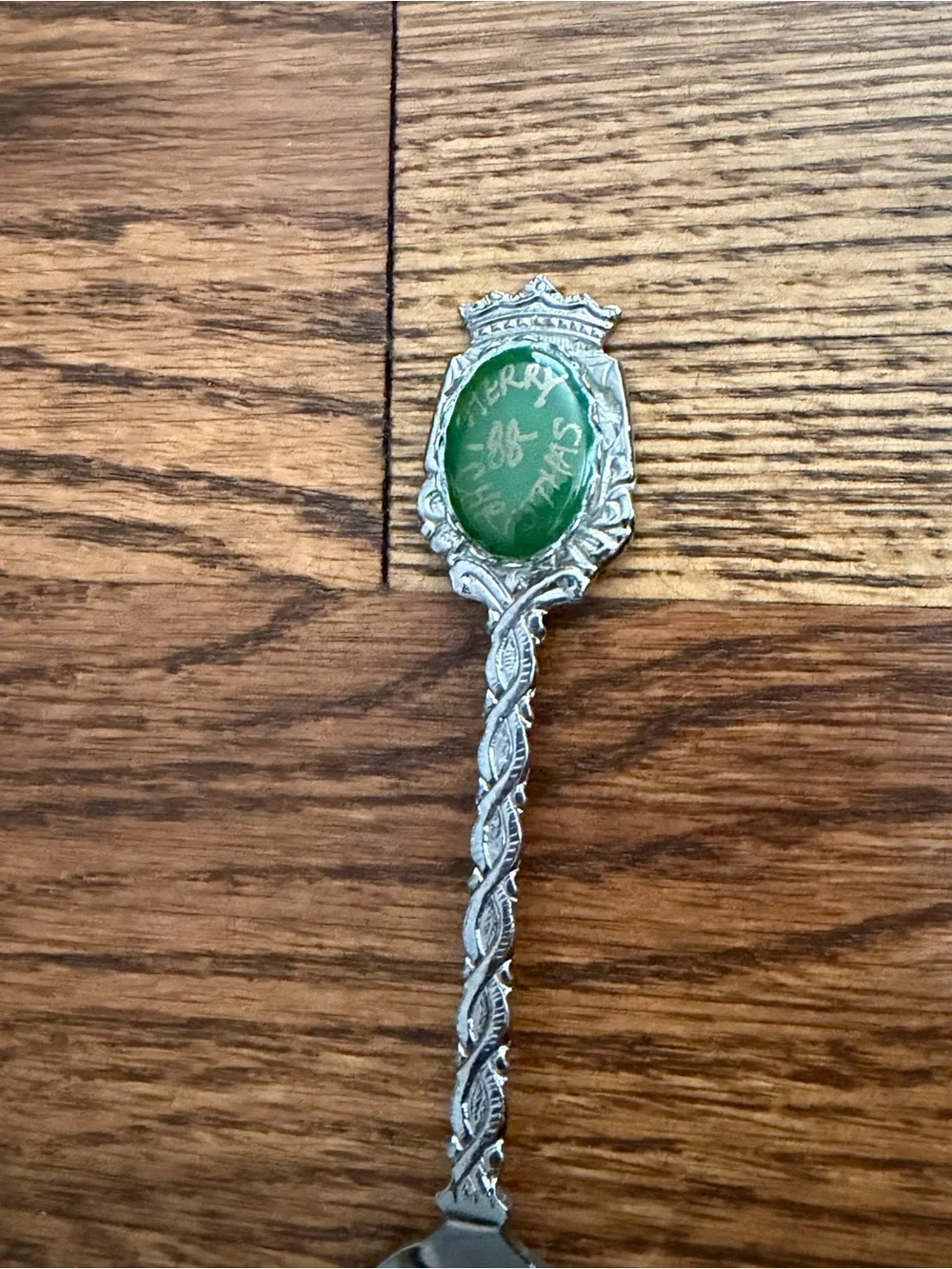 Vintage 1988 Merry Christmas Silver Green Collectible Holiday Spoo